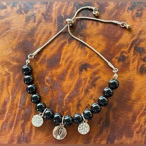 Elegant Initial G Black obsidian? Stone Rhinestone Beaded adjustable Bracelet